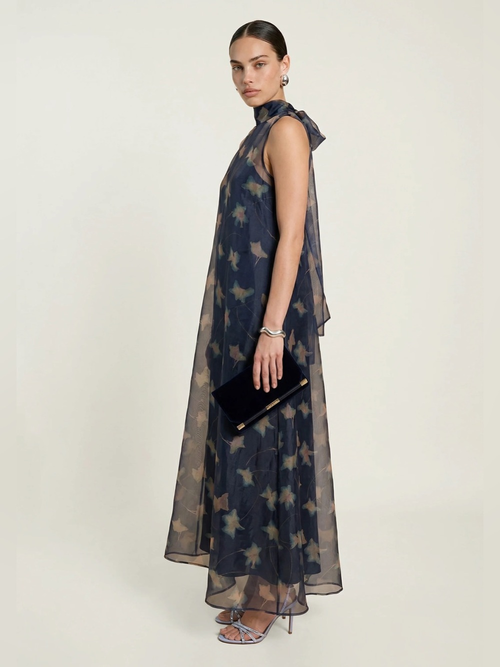 Few Moda Caara Alette Sleeveless Navy Floral Sheer Maxi Dress with Neck Tie